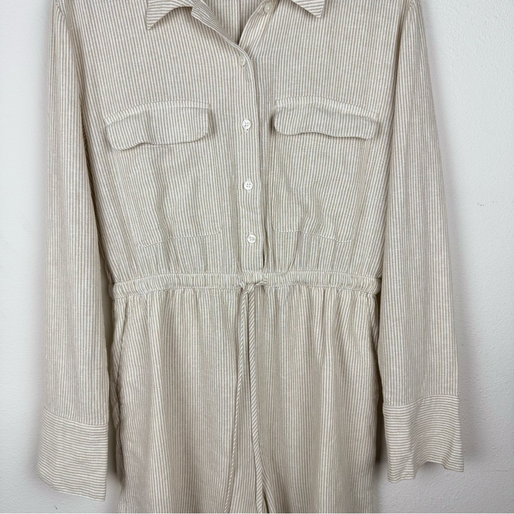 NWT Caslon Stripe Long Sleeve Linen Blend Romper Tan Safari - White Leah‎ Stripe - Picture 4 of 12